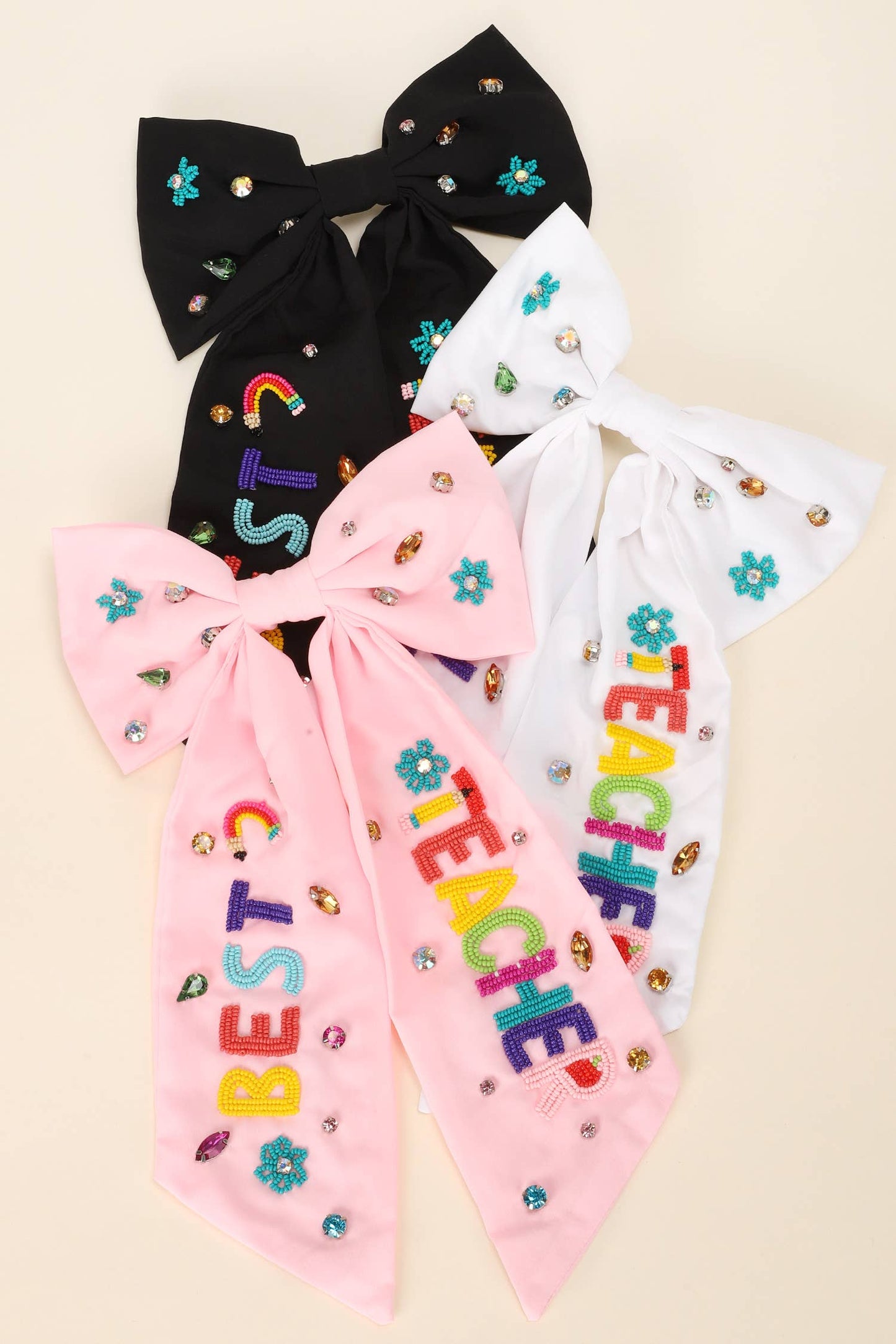 Best Teacher Embroidered Bow Barrette Hair Clip : White