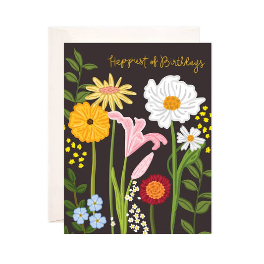 Greeting card with colorful flowers and 'Happiest Birthdays' text on a dark background