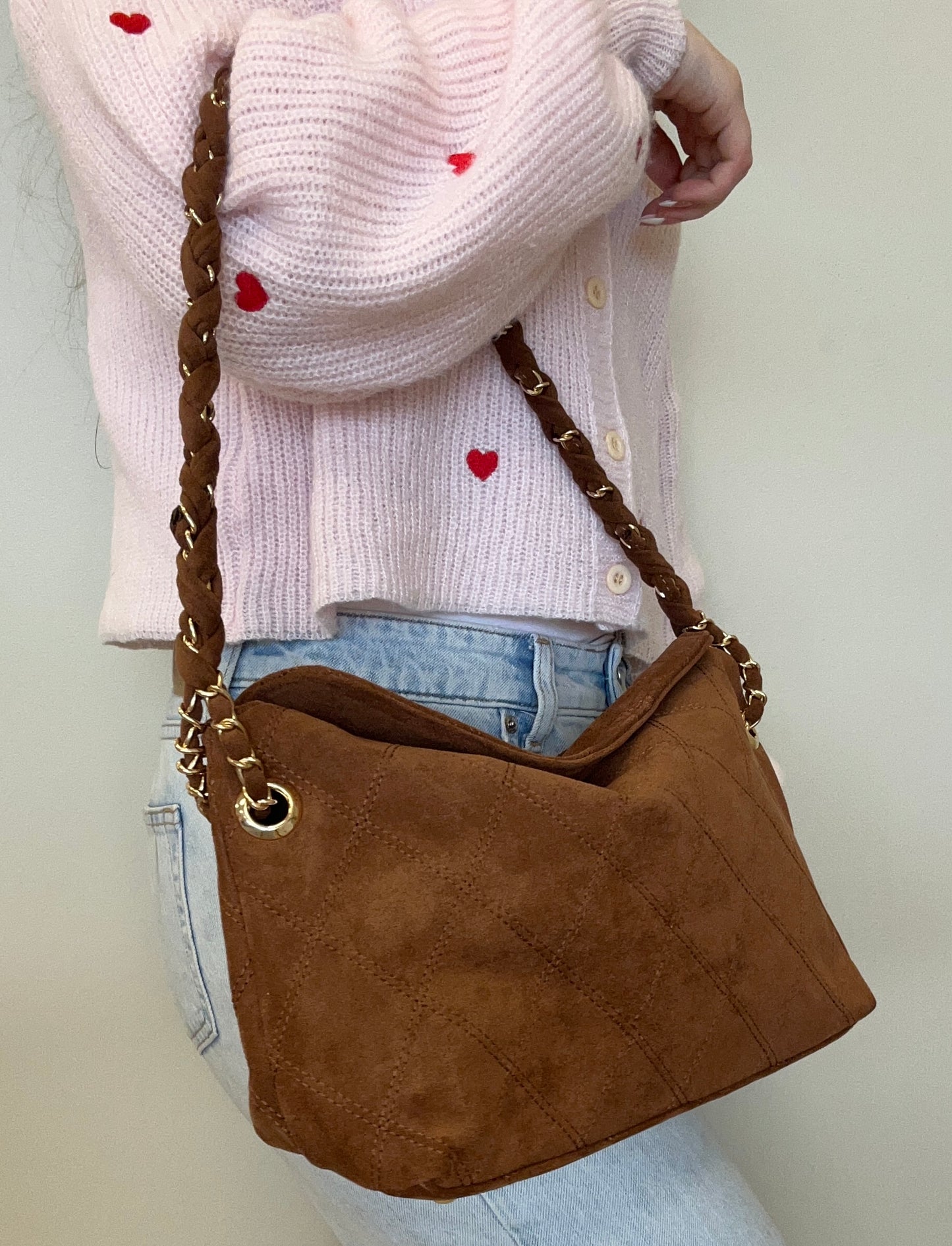 Dominique Faux Suede Quilted Shoulder Bag w/ Braided Chain