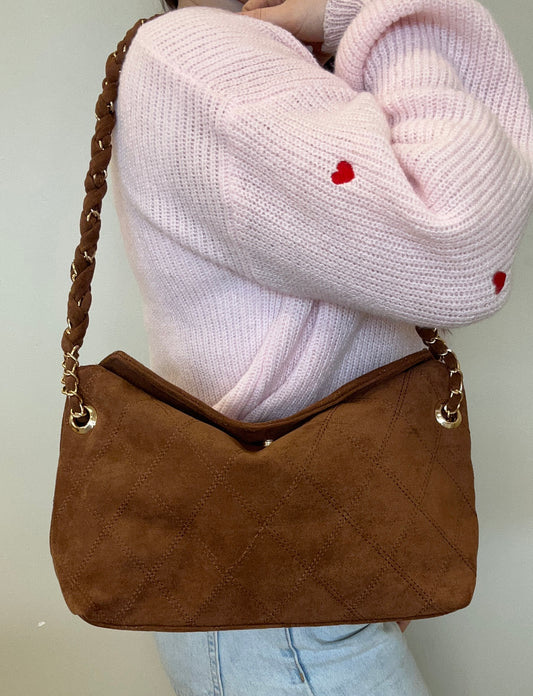 Dominique Faux Suede Quilted Shoulder Bag w/ Braided Chain