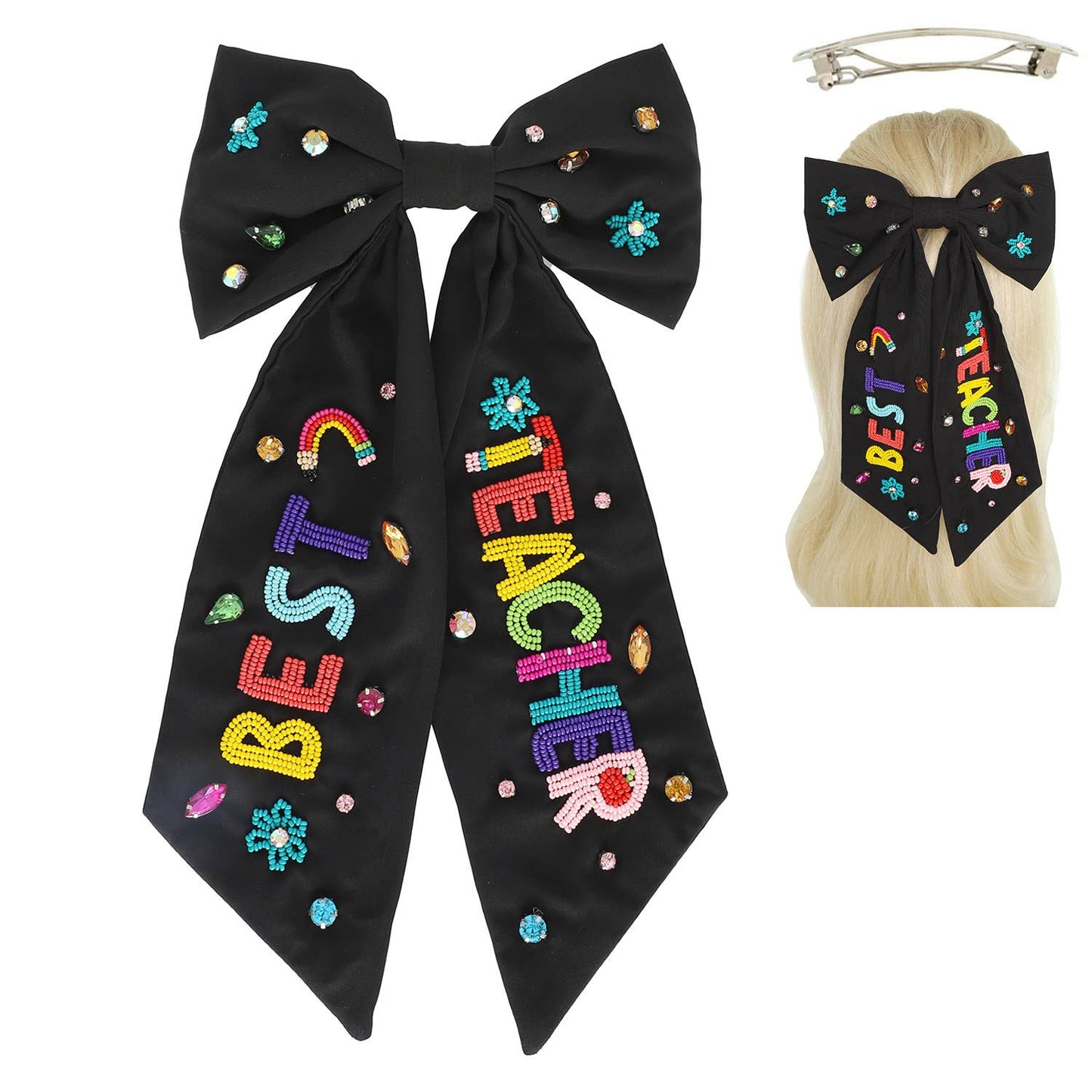 Best Teacher Embroidered Bow Barrette Hair Clip : White