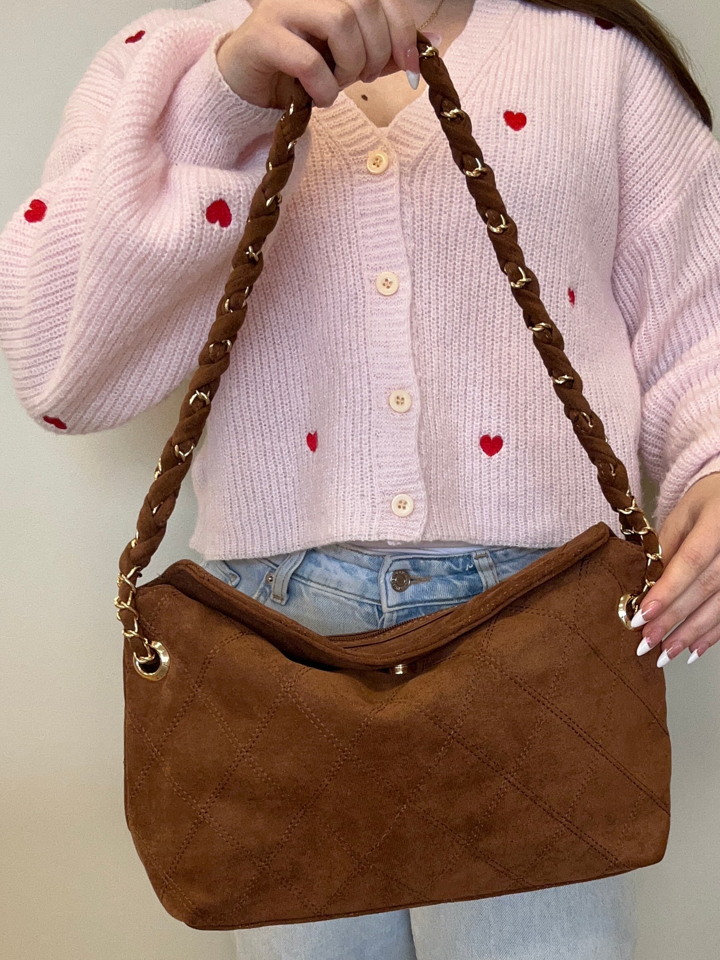 Dominique Faux Suede Quilted Shoulder Bag w/ Braided Chain