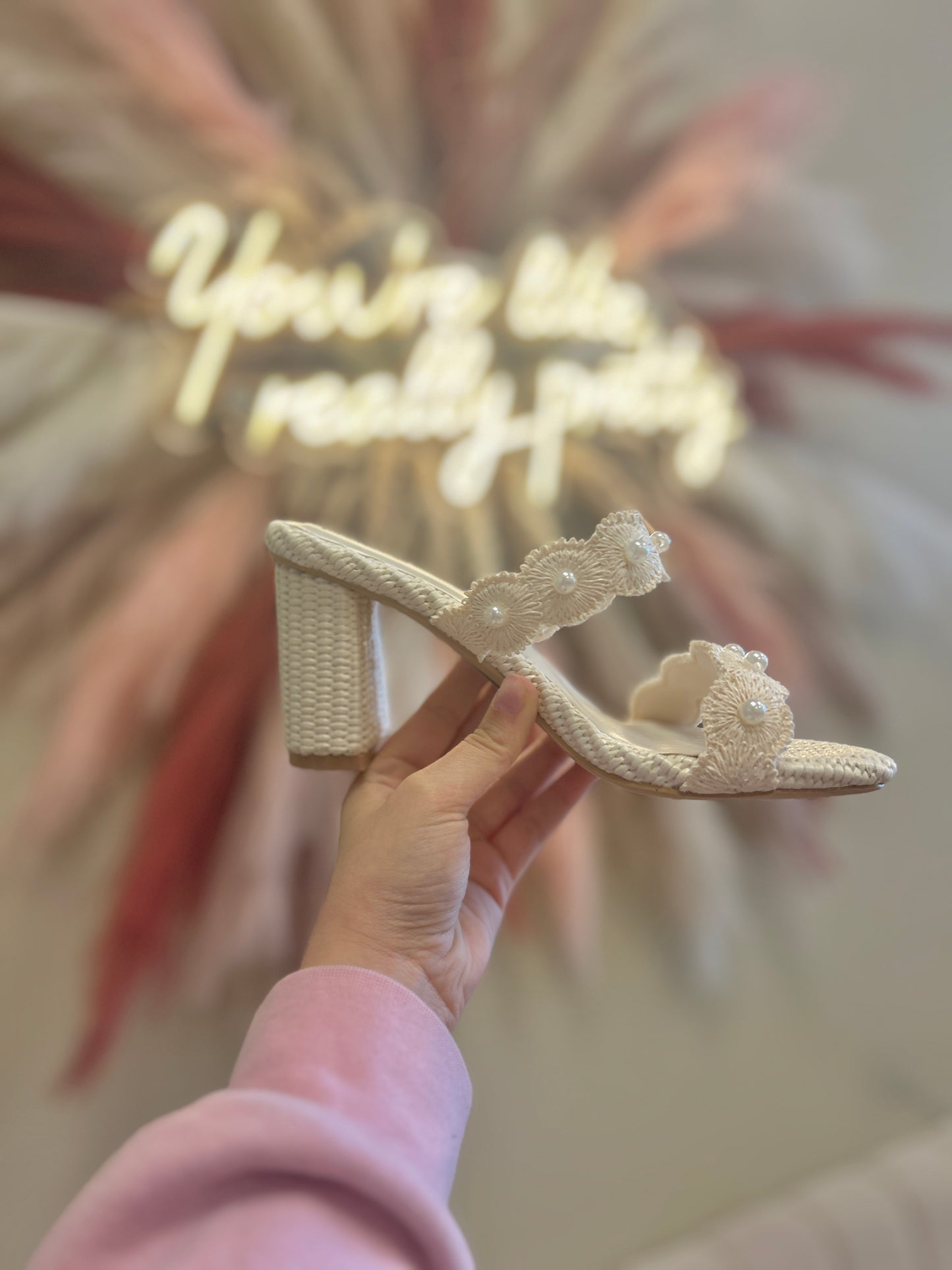 The Helena- Ivory Raffia Block Heel Sandal with Pearls