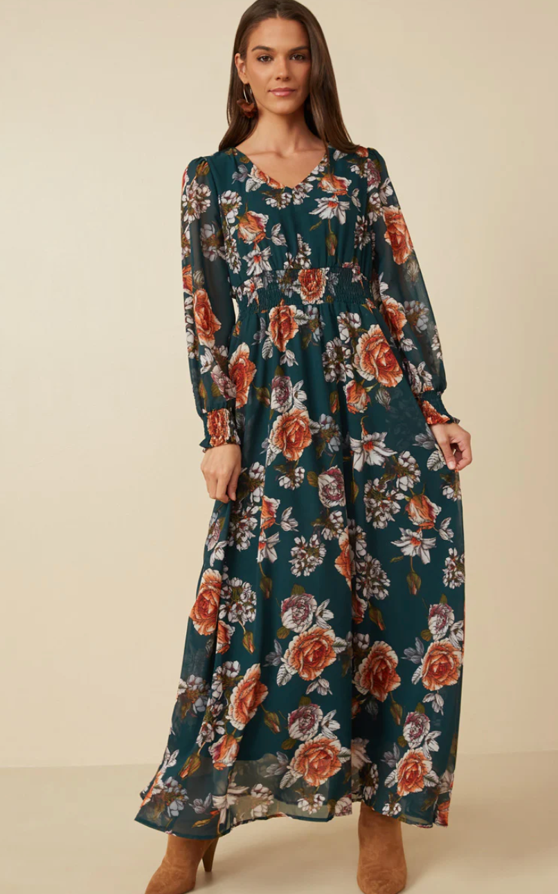 Never Ending Story Floral Smocked Waist V Neck Dress-CURVY