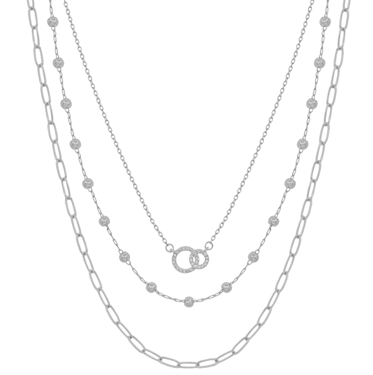 Triple Layered Chain and Rhinestone Circle Necklace