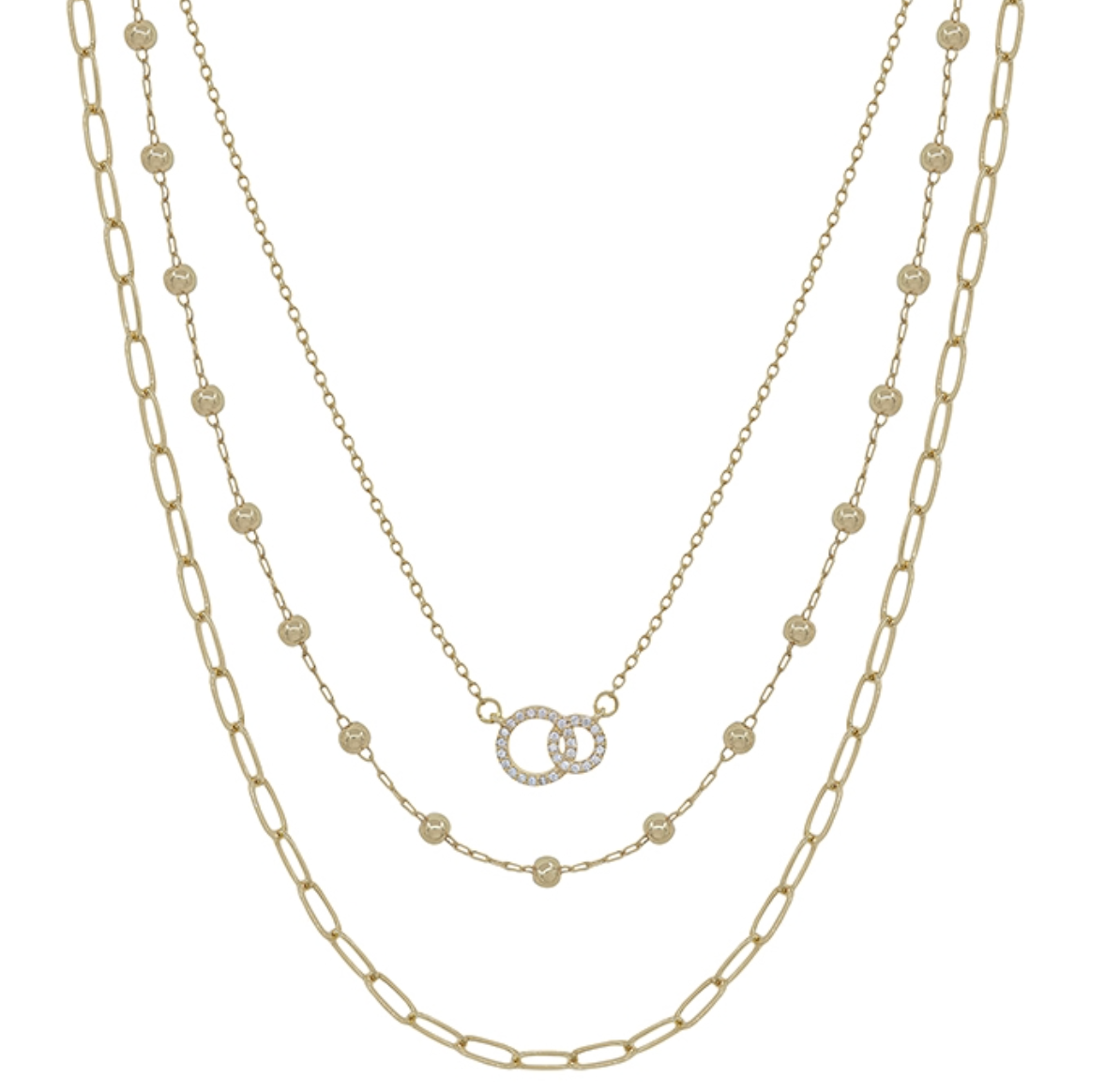 Triple Layered Chain and Rhinestone Circle Necklace
