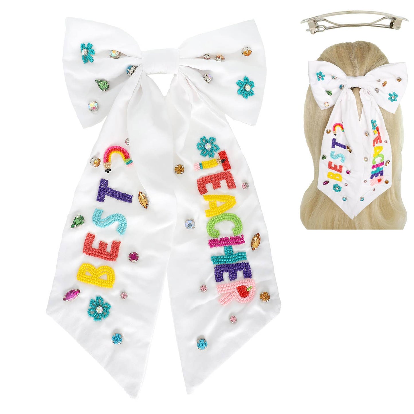 Best Teacher Embroidered Bow Barrette Hair Clip : White