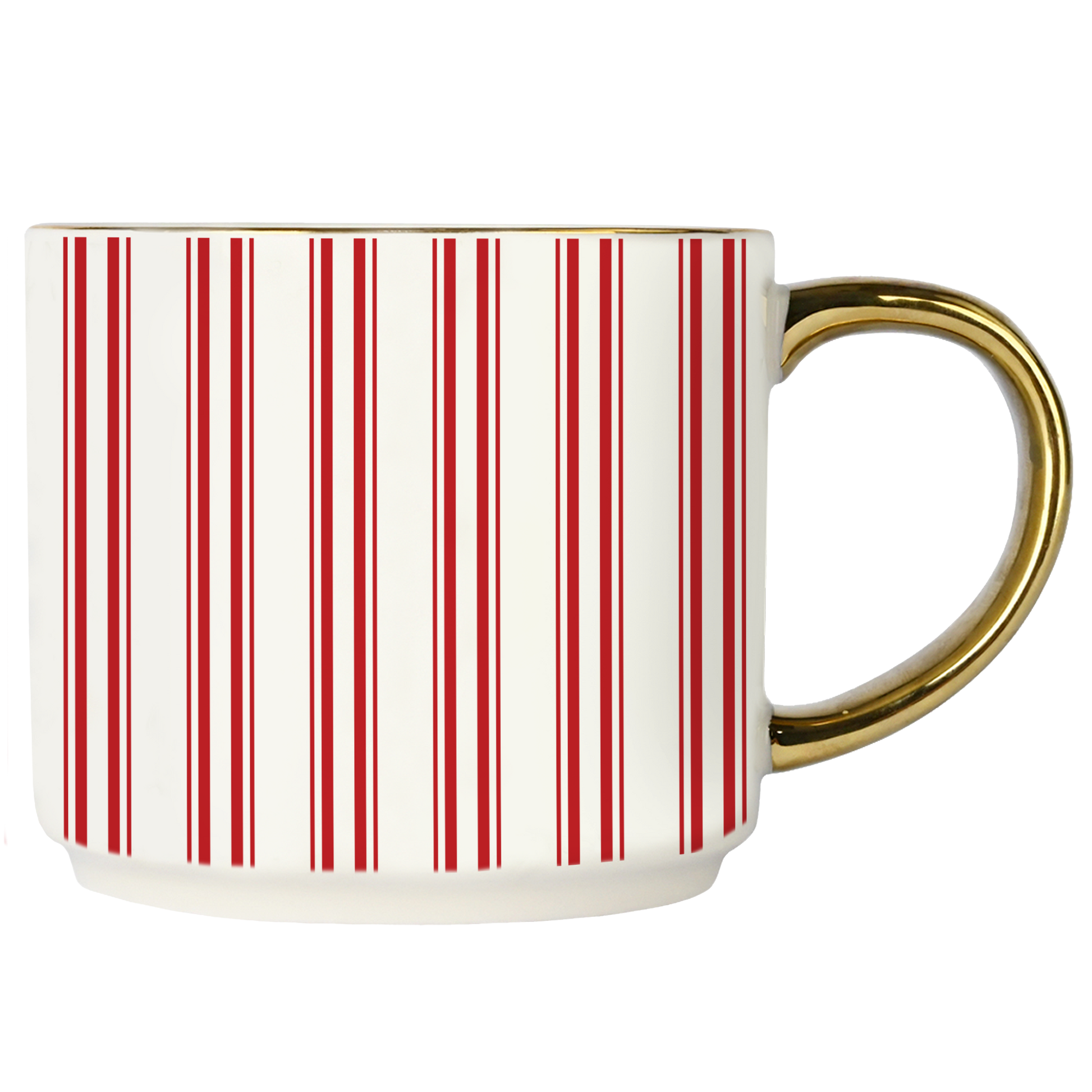 Mug with red vertical stripes and a gold handle on a white background