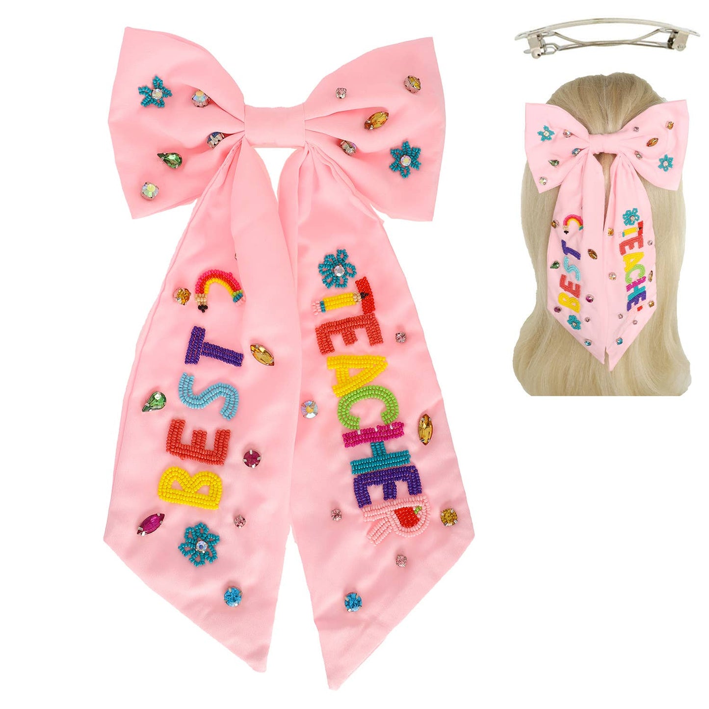 Best Teacher Embroidered Bow Barrette Hair Clip : White