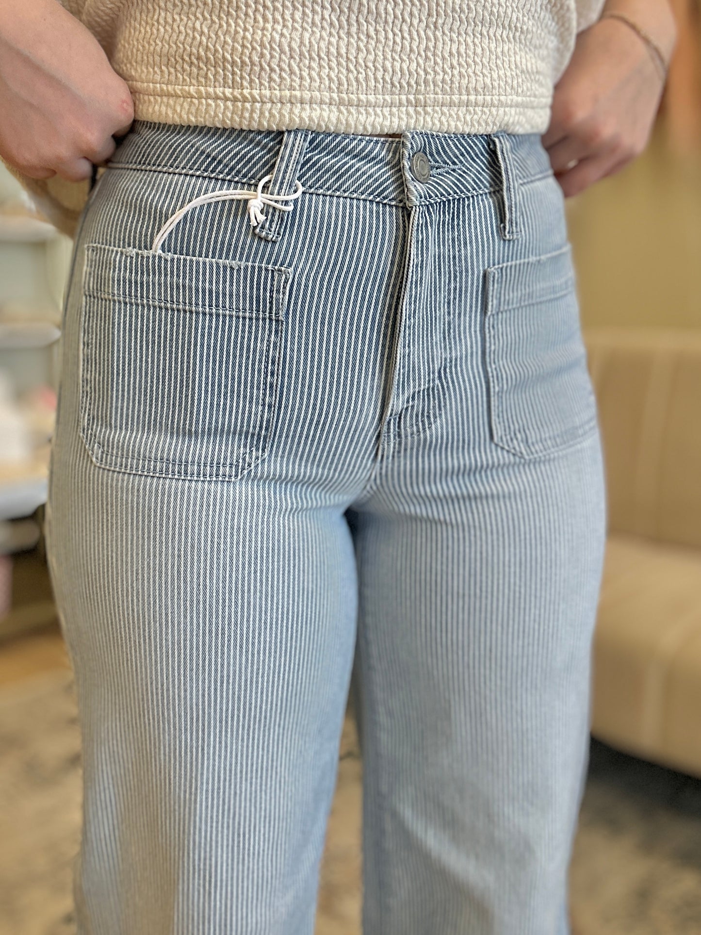 Olivia High Rise Patch Pocket Striped Wide Jeans