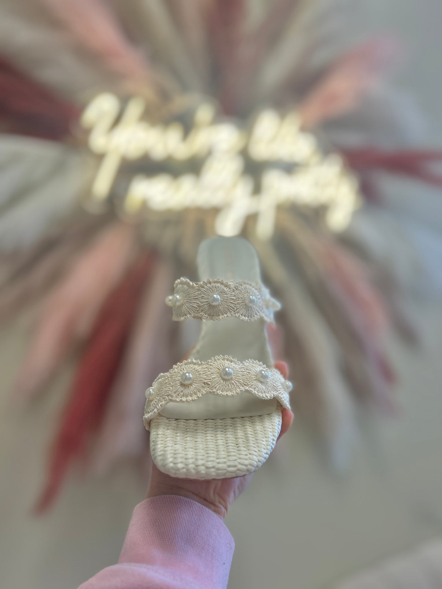 The Helena- Ivory Raffia Block Heel Sandal with Pearls