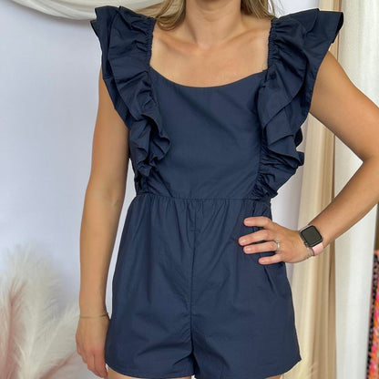 UP YOUR GAME NAVY RUFFLE ROMPER
