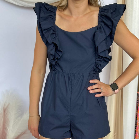 UP YOUR GAME NAVY RUFFLE ROMPER