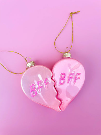 BFF Heart Christmas Glass Ornament with Glitter  2 piece Set
