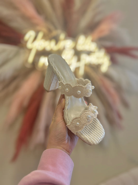 The Helena- Ivory Raffia Block Heel Sandal with Pearls