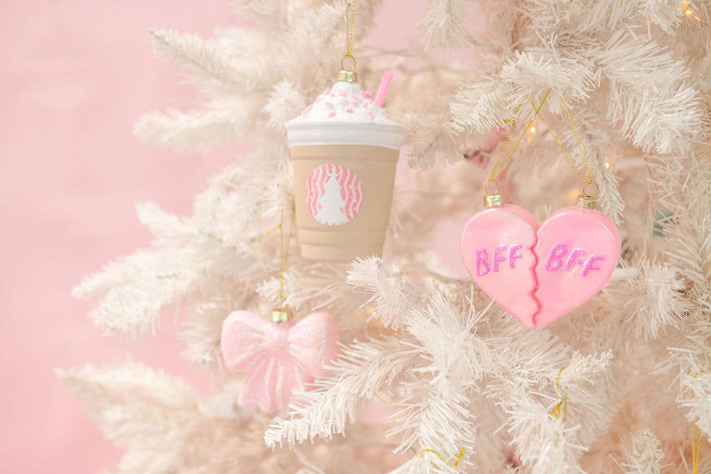 BFF Heart Christmas Glass Ornament with Glitter  2 piece Set