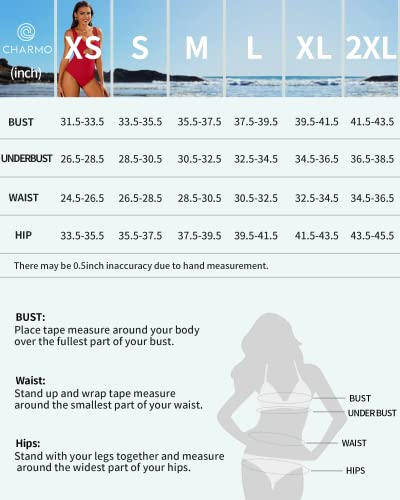 Size chart for swimsuits with measurements and instructions on how to measure bust, waist, and hips.