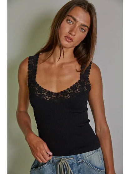 Lace Trim Tank- Black