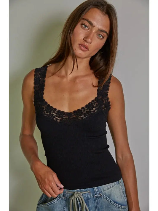 Lace Trim Tank- Black
