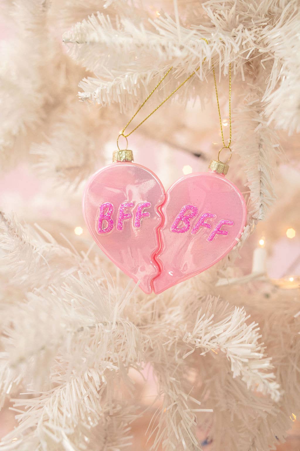 BFF Heart Christmas Glass Ornament with Glitter  2 piece Set