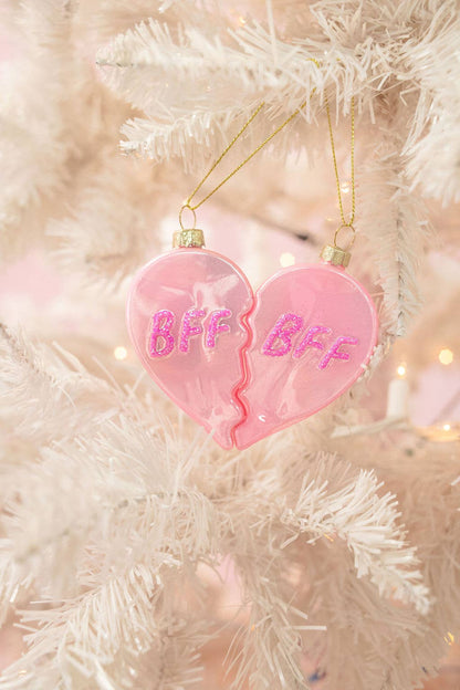 BFF Heart Christmas Glass Ornament with Glitter  2 piece Set