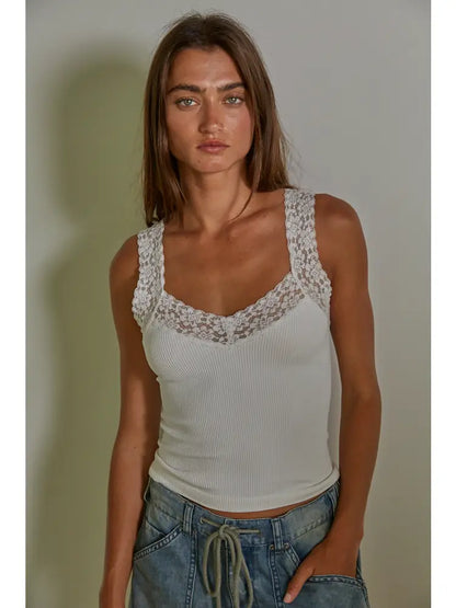 Lace Trim Tank- White