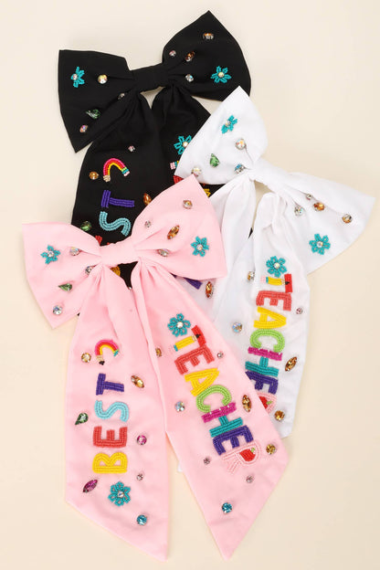 Best Teacher Embroidered Bow Barrette Hair Clip : White