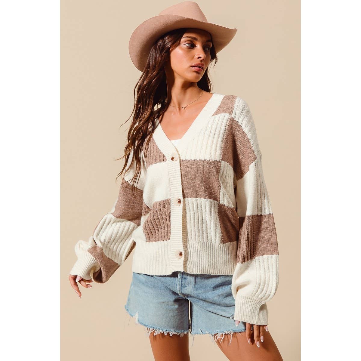 Double Take Checkered Cardigan – Coffee & Ivory