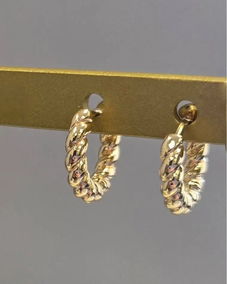 Four twisted hoop earrings displayed on a gold-tone bar against a plain gray background, including two silver-toned hoops and two gold-toned hoops.