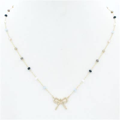 Grey/ Light Blue Crystal w/ Rhinestone Bow 16"-18" Necklace