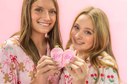 BFF Heart Christmas Glass Ornament with Glitter  2 piece Set