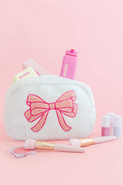 Plush Cosmetic Bag with Embroidered Pink Bow - Large