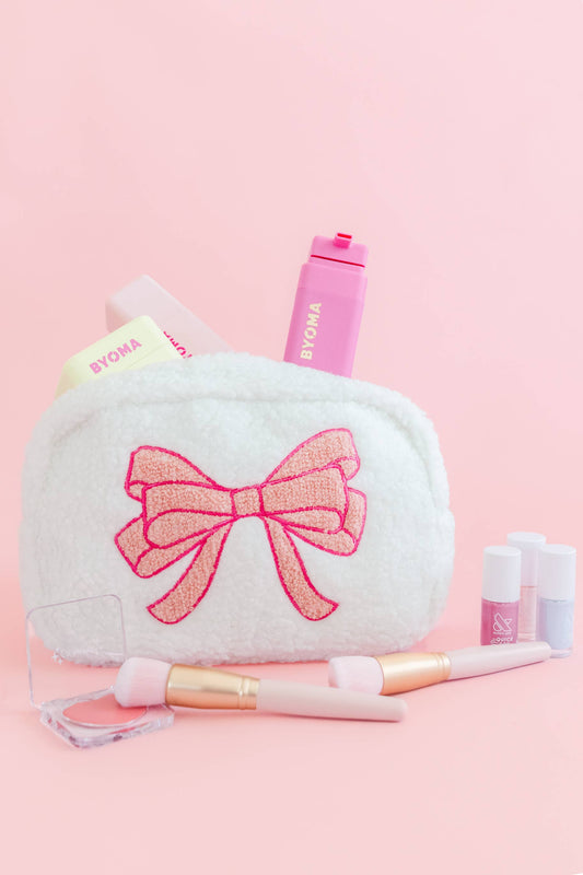 Plush Cosmetic Bag with Embroidered Pink Bow - Large