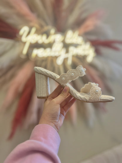 The Helena- Ivory Raffia Block Heel Sandal with Pearls