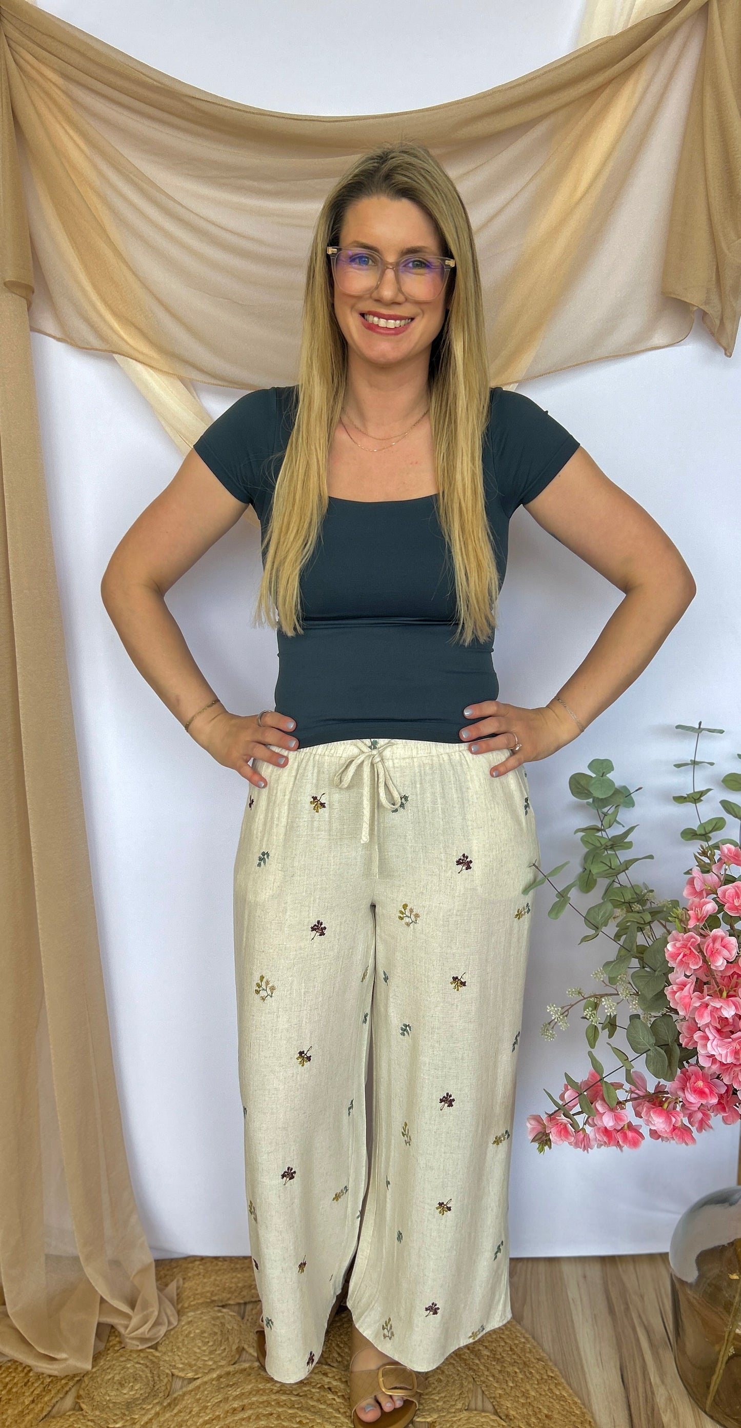 Spring Linen Embroidered Pants