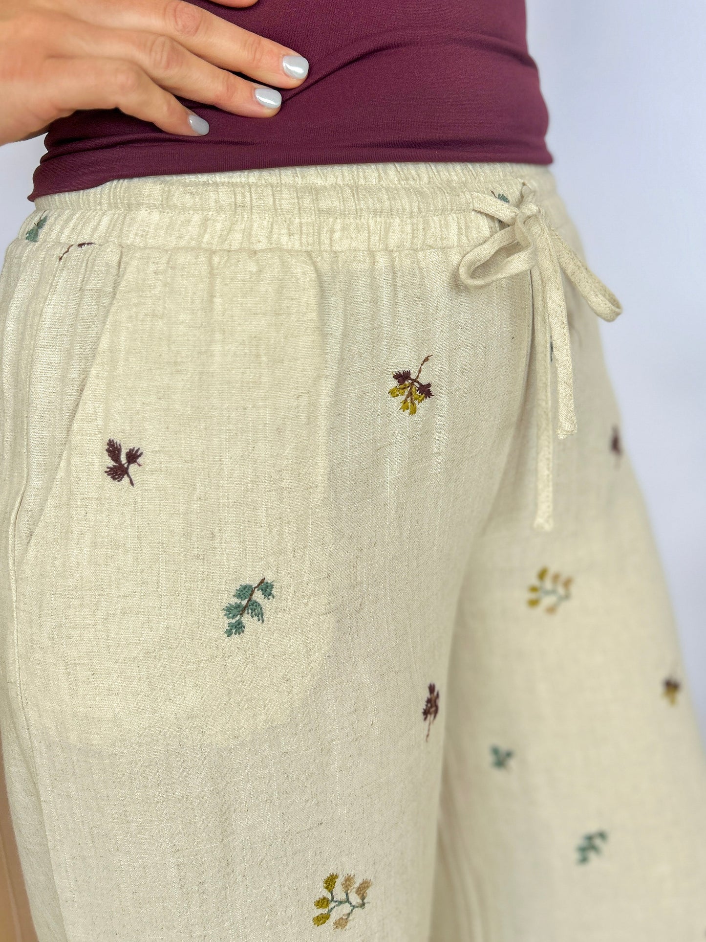 Spring Linen Embroidered Pants