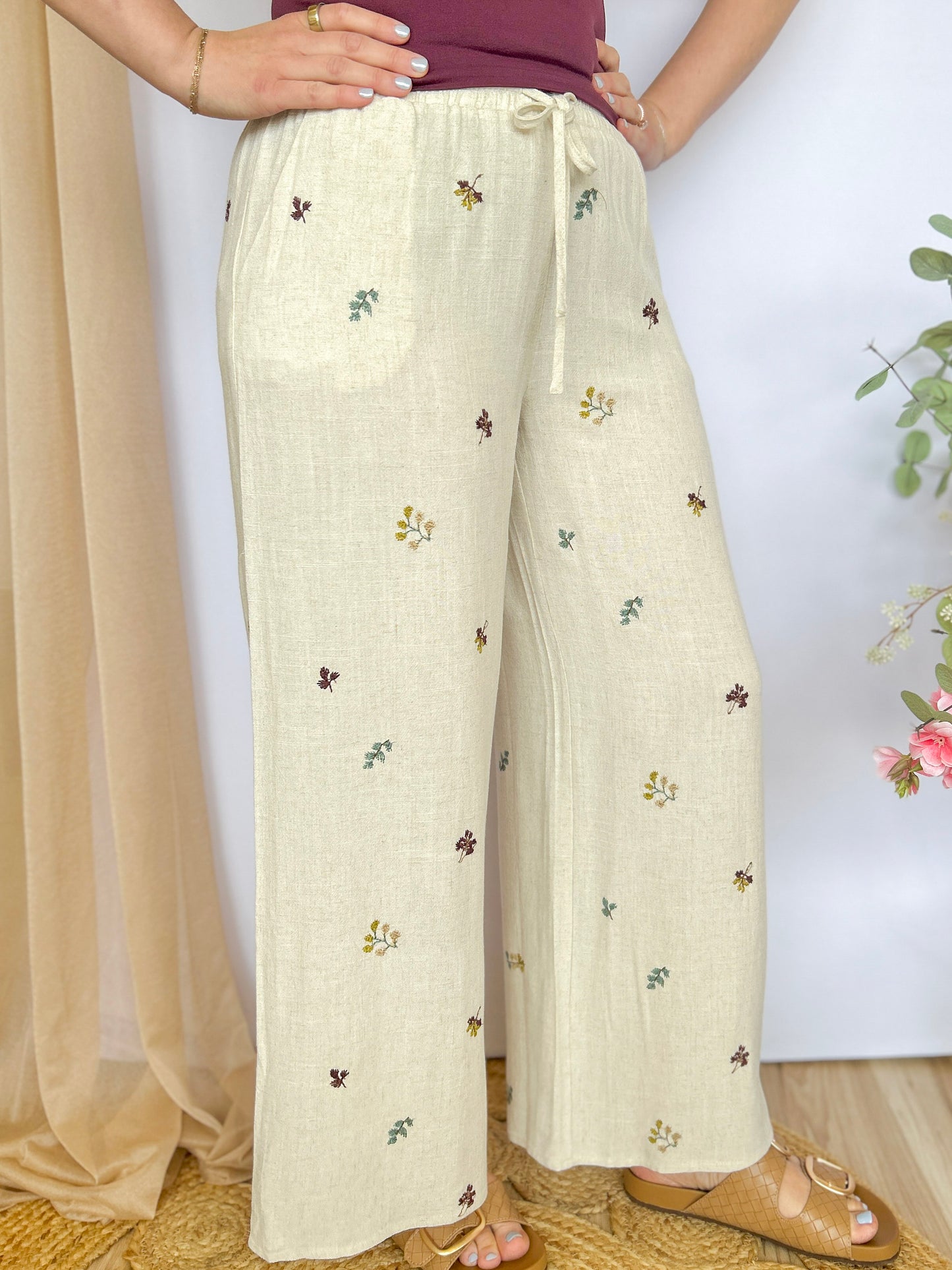 Spring Linen Embroidered Pants