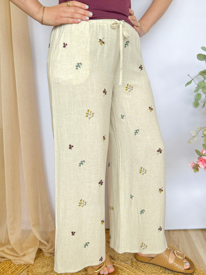Spring Linen Embroidered Pants