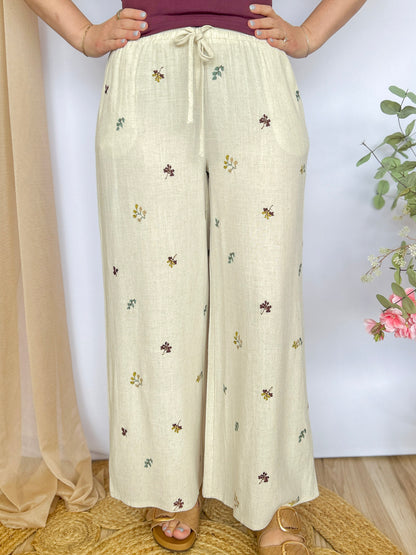 Spring Linen Embroidered Pants