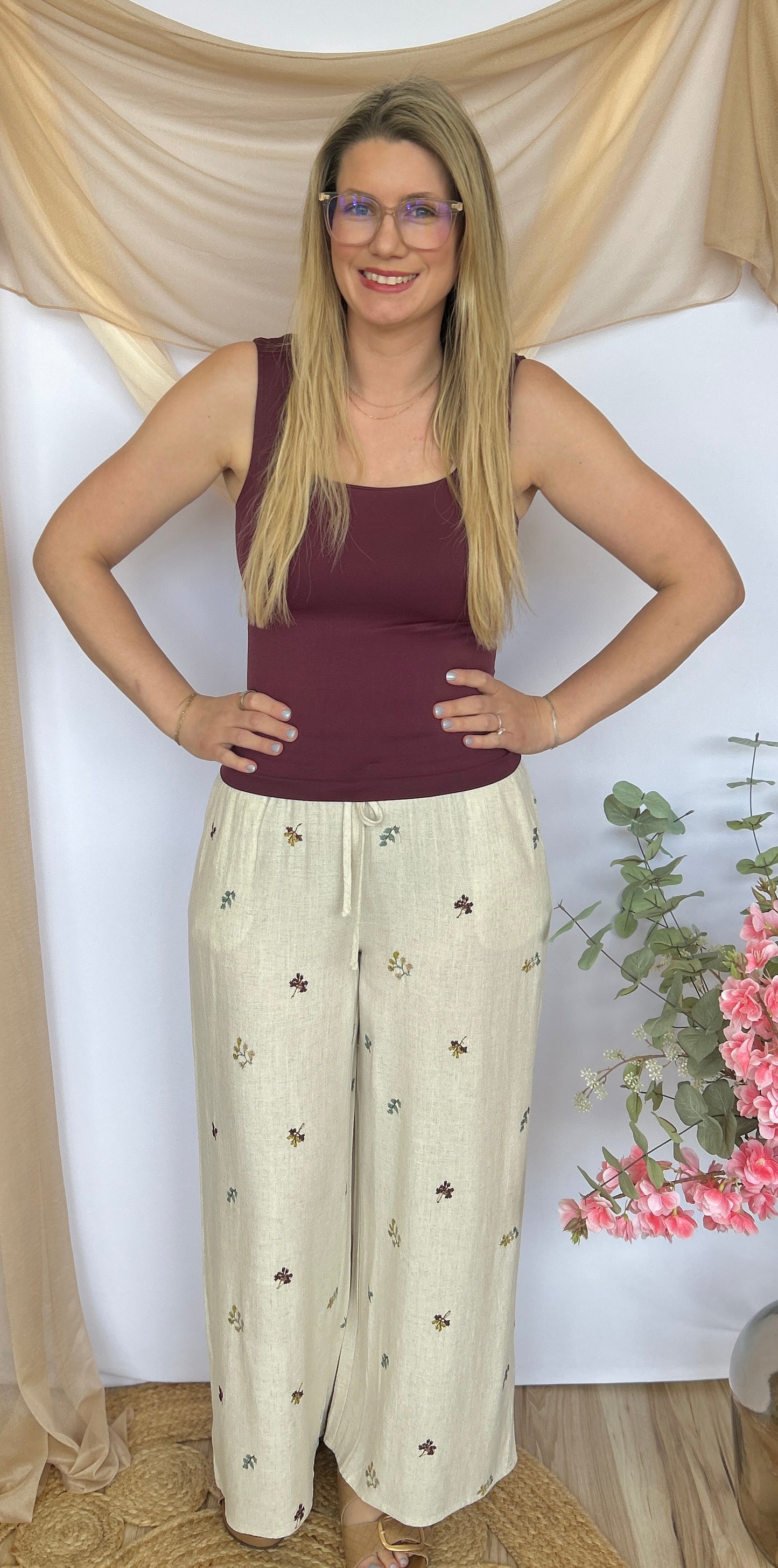 Spring Linen Embroidered Pants