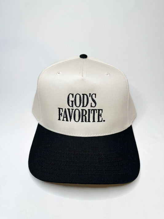 Cap with 'GOD'S FAVORITE.' text on a white background