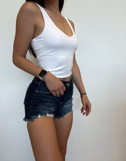 The Downtown Mid-Rise Bottom Hem Distressed Shorts