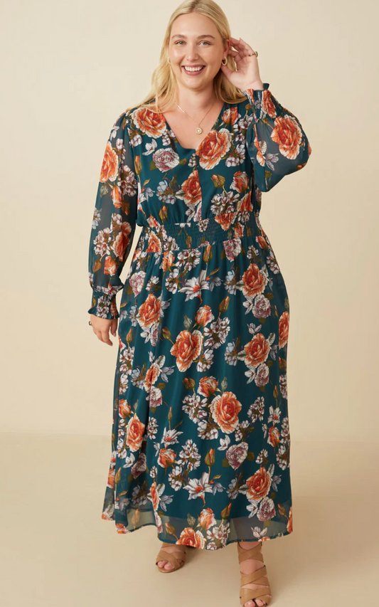Never Ending Story Floral Smocked Waist V Neck Dress-CURVY