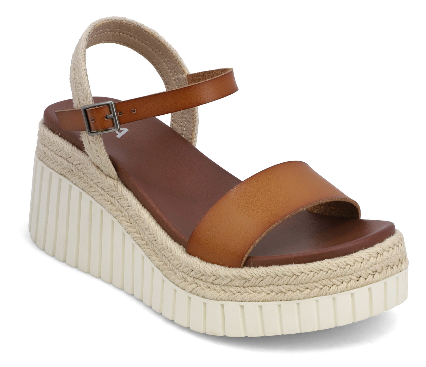 Brown sandal with a woven platform on a white background