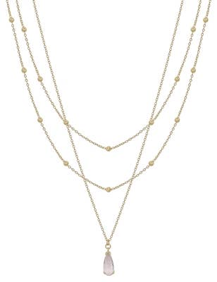 Gold Triple Layered Chain w/ Pink Teardrop Crystal Necklace