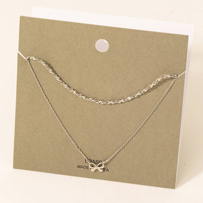 Studded Ribbon Bow Layered Chain Necklace
