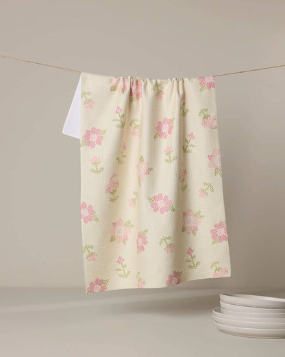 Geometry - Cross Stitch Floral Yellow Tea Towel