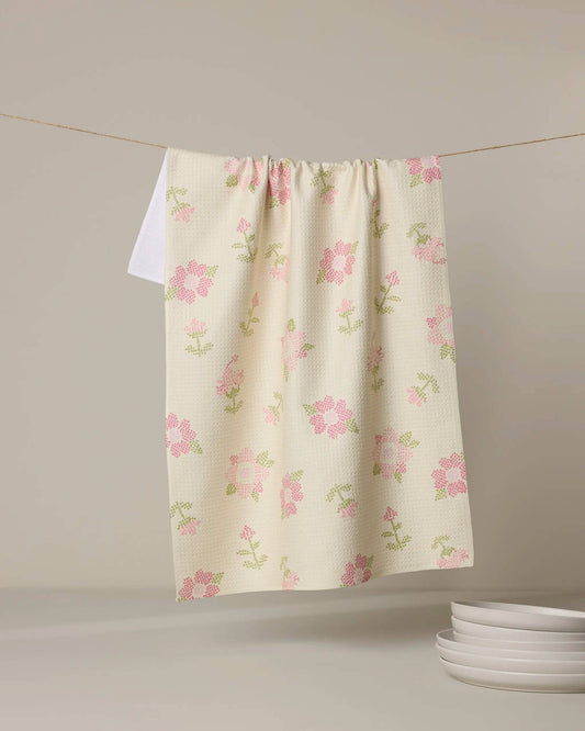 Geometry - Cross Stitch Floral Yellow Tea Towel