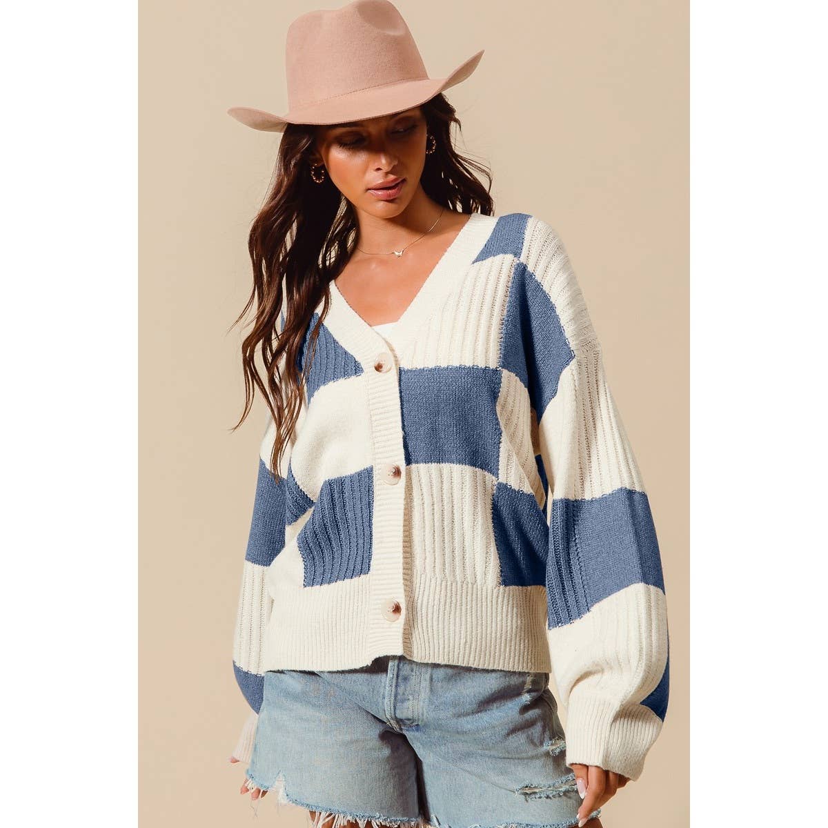 Double Take Checkered Cardigan – Denim/Ivory