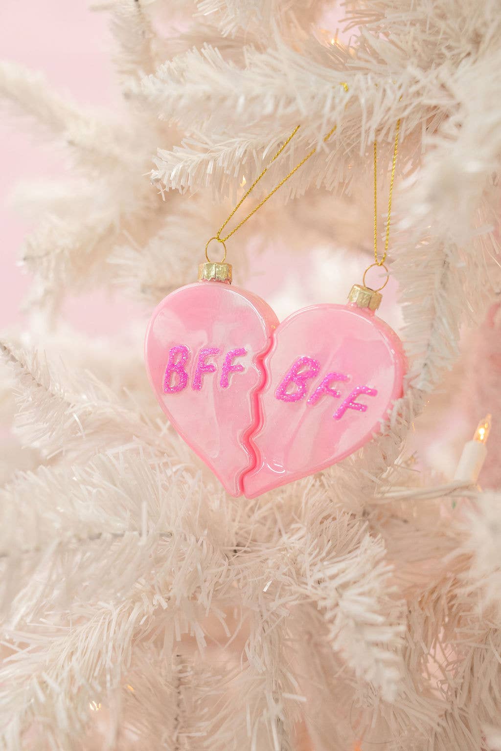 BFF Heart Christmas Glass Ornament with Glitter  2 piece Set